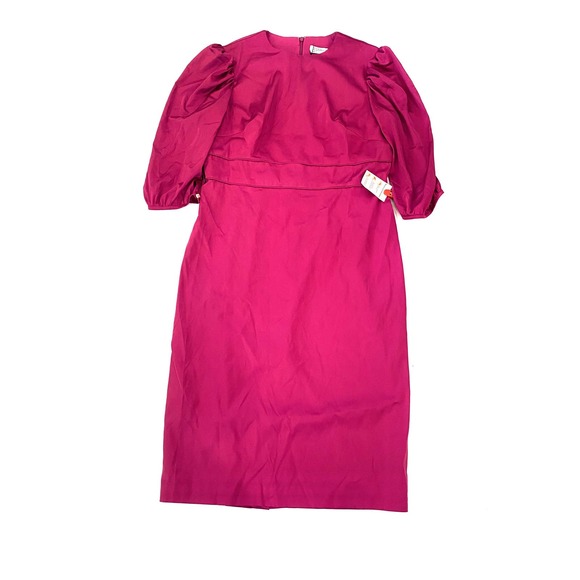 Mac Duggal Satin High Neck Puff Shoulder Midi Dress Fuchsia 26927 Size 14 - Picture 4 of 9